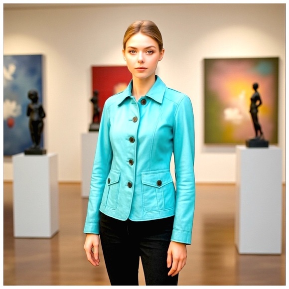 Source Unknown Women’s Aqua Leather Jacket - Picture 1 of 11